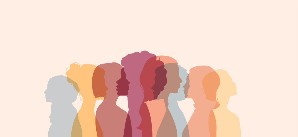 Woman silhouette isolated vector illustration. Modern feminist concept background for international womens day, month, 8 march. Women different nation design for equality, unity, rights, feminism.
